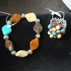 Multicolor Beaded Bracelet and Ring Set, Stretchy